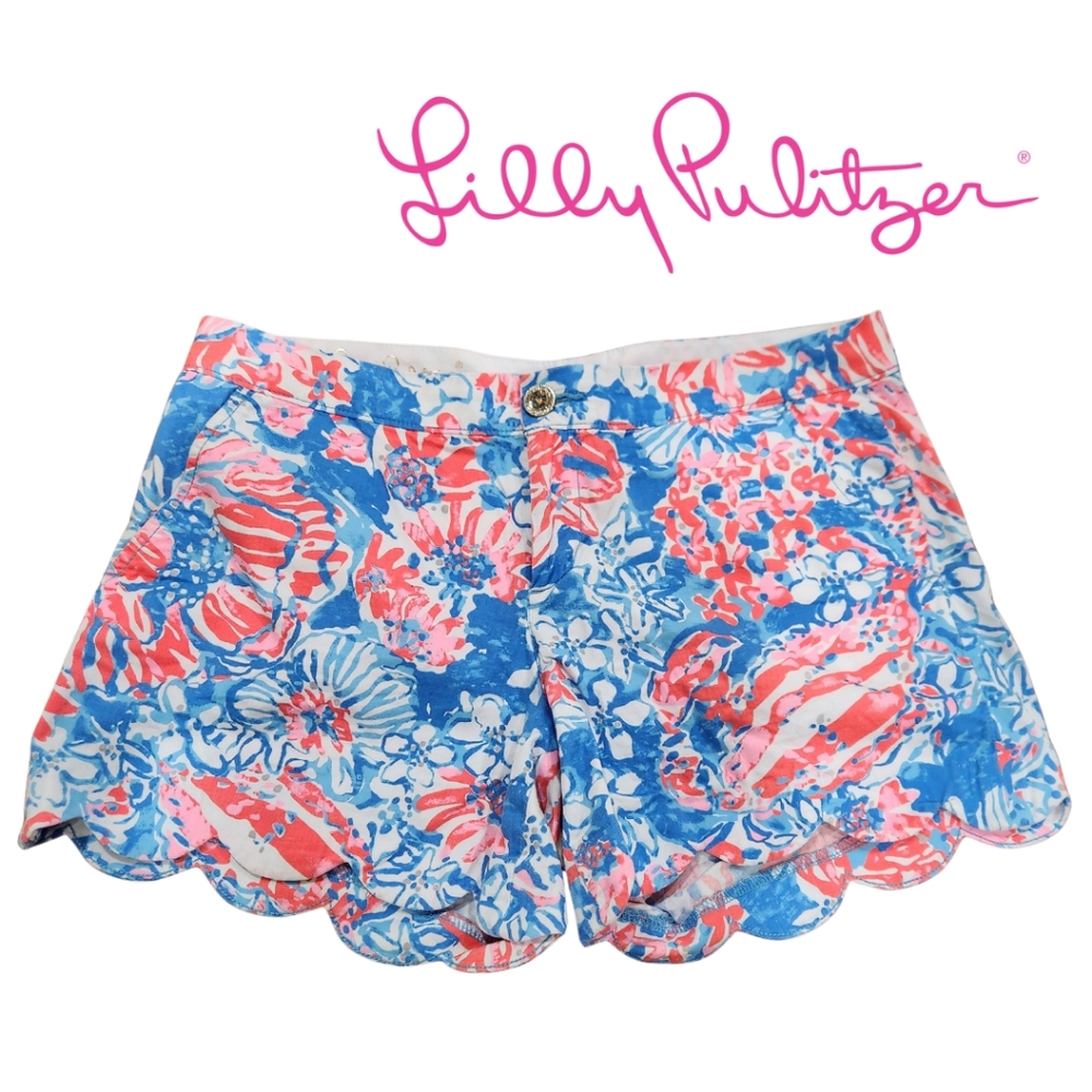 Lilly Pulitzer Coral Pink & Blue Floral Scalloped Shorts